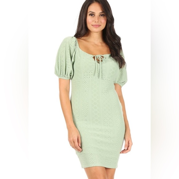 Vibe Workout Women's Medium Sage Green Eyelet Bodycon Dress with Puff Sleeves - Picture 1 of 7